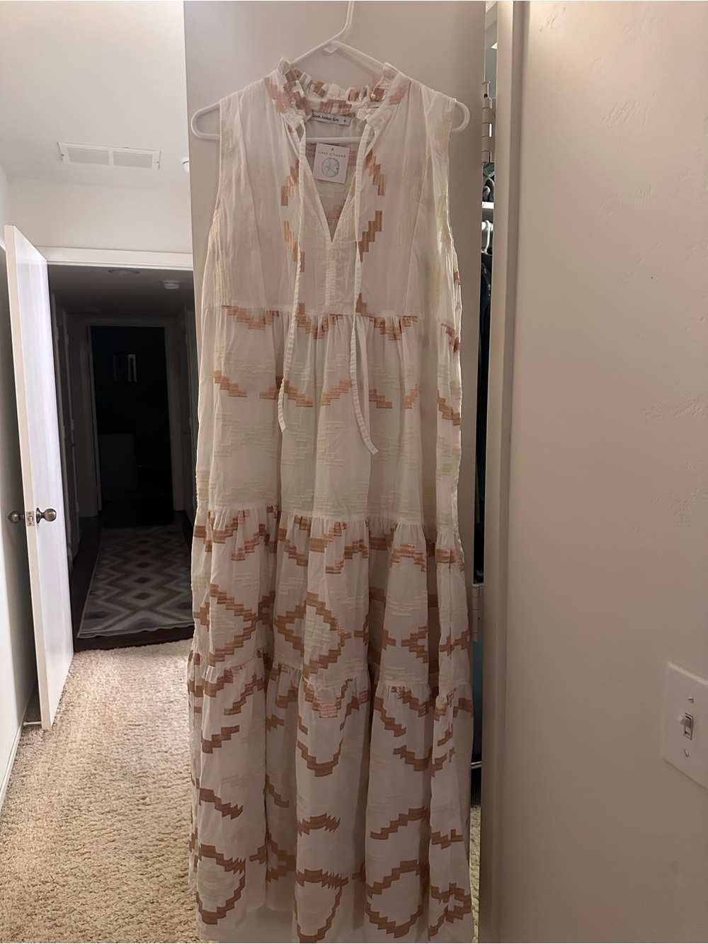 Sleeveless White Maxi Dress with white/gold geometric pattern